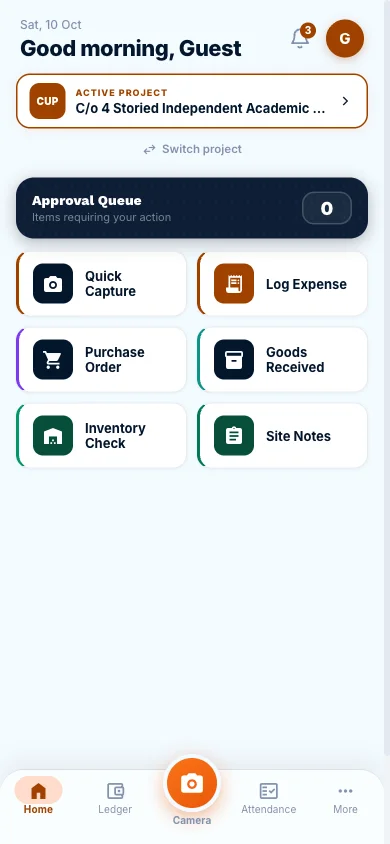 Mobile home screen with quick capture, expense, purchase order and goods received actions